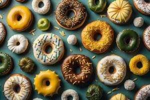 Vielfalt von Donuts auf ein solide Farbe Hintergrund. oben Sicht. ai generativ foto