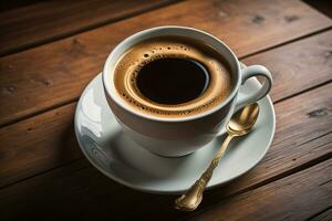 Kaffee Tasse auf ein hölzern Tisch, oben Sicht. ai generativ foto