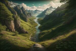 schön Fantasie Landschaft mit ein Fluss im das Berge. ai generativ foto