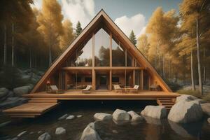 modern gemütlich Chalet mit Schwimmbad und Parkplatz zum Verkauf oder mieten. Luxus Haus im das Wald. ai generativ foto