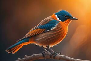 schön Blau Vogel auf ein Ast im das Strahlen von das Rahmen Sonne. ai generativ foto