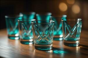 Brille von Whiskey auf ein hölzern Tabelle im ein Kneipe oder Restaurant. ai generativ foto