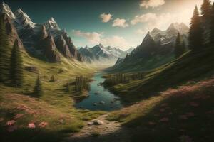 schön Fantasie Landschaft mit ein Fluss im das Berge. ai generativ foto