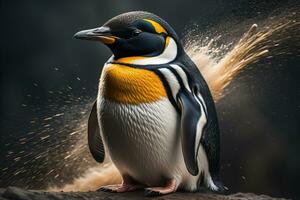süß Pinguin Stehen im Vorderseite von solide Farbe Hintergrund. ai generativ foto
