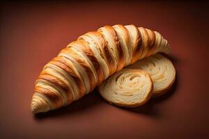 frisch gebacken Croissants auf ein hölzern Tisch, schließen hoch. ai generativ foto