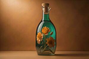 Flasche mit ein Flüssigkeit auf ein solide Farbe Hintergrund. ai generativ foto