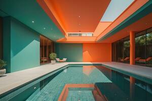 Schwimmen Schwimmbad im ein modern Villa, ai generativ foto