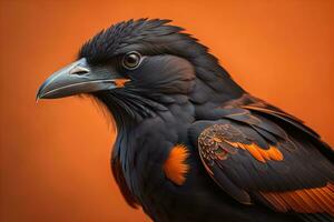 schließen oben Porträt von ein schwarz Rabe, Korvus corax. ai generativ foto