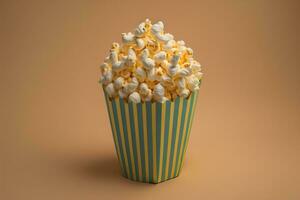 Popcorn im ein Papier Box auf ein solide Farbe Hintergrund. ai generativ foto