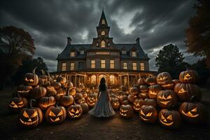 Halloween Kürbisse im Vorderseite von verfolgt Haus. ai generativ foto