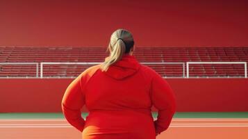 ein Fett Frau mit ihr zurück läuft im das Stadion. Gewicht Verlust Konzept foto