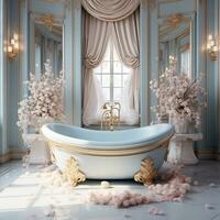 Innere Design von ein geräumig modern Luxus Badezimmer, ai generativ foto