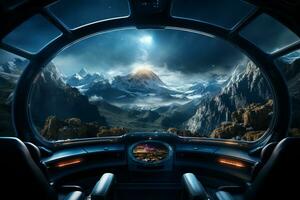 futuristisch Cockpit von Raumschiff Steuerung System Zimmer mit Planeten Aussicht Landschaft, äußere Raum, Astronaut. Planet Horizont, ai generativ foto