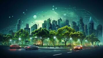 Clever Stadt futuristisch Stadtbild mit Licht Wanderwege verbinden mit Welle Linie kreativ Design, groß Daten Verbindung Technologie Konzept, Digital Horizont, ai generativ foto