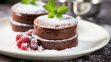 Luxus Französisch Dessert Schokolade Souffle auf Platte, Gourmand Essen, ai generativ foto