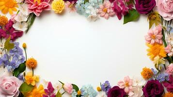 bunt Blume vereinbart worden auf Weiß Hintergrund, Kopieren Raum, ai generativ foto