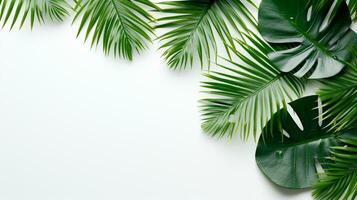 tropisch Rahmen mit Grün Palme Blätter Design auf Hintergrund, Kopieren Raum, Sommer- Hintergrund, ai generativ foto