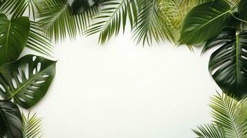 tropisch Rahmen mit Grün Palme Blätter Design auf Hintergrund, Kopieren Raum, Sommer- Hintergrund, ai generativ foto
