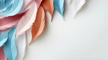 Pastell- bunt Feder auf Hintergrund, abstrakt Papierschnitt Design, Kopieren Raum, ai generativ foto