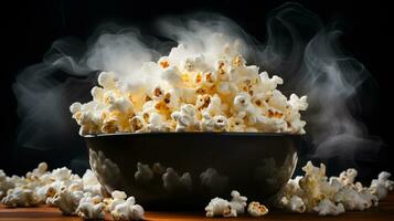 gesalzen heiß Popcorn mit Rauch im Schüssel oder Eimer isoliert auf schwarz Hintergrund, ai generativ foto