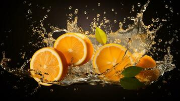 frisch saftig Orange Obst mit Wasser Spritzen isoliert auf Hintergrund, gesund Frucht, ai generativ foto