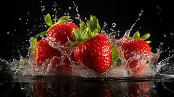 frisch saftig Erdbeere Obst mit Wasser Spritzen isoliert auf Hintergrund, gesund Frucht, ai generativ foto