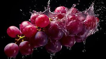 frisch saftig rot Traube Obst mit Wasser Spritzen isoliert auf Hintergrund, gesund Frucht, ai generativ foto