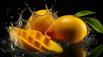 frisch saftig Mango mit Wasser Spritzen isoliert auf Hintergrund, gesund tropisch Frucht, ai generativ foto