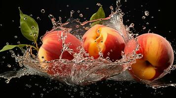 frisch saftig Pfirsich Obst mit Wasser Spritzen isoliert auf Hintergrund, gesund Frucht, ai generativ foto