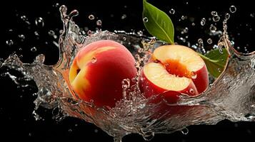 frisch saftig Pfirsich Obst mit Wasser Spritzen isoliert auf Hintergrund, gesund Frucht, ai generativ foto