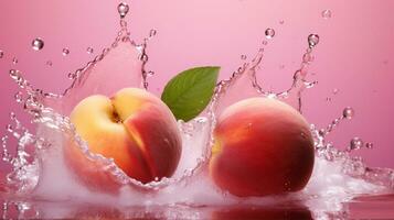 frisch saftig Pfirsich Obst mit Wasser Spritzen isoliert auf Hintergrund, gesund Frucht, ai generativ foto