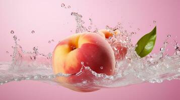 frisch saftig Pfirsich Obst mit Wasser Spritzen isoliert auf Hintergrund, gesund Frucht, ai generativ foto