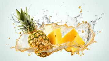 frisch saftig Ananas Obst mit Wasser Spritzen isoliert auf Hintergrund, gesund tropisch Frucht, ai generativ foto