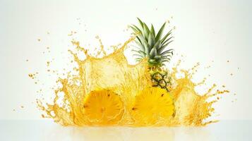 frisch saftig Ananas Obst mit Wasser Spritzen isoliert auf Hintergrund, gesund tropisch Frucht, ai generativ foto