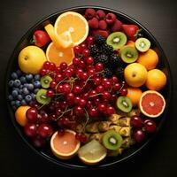 Schüssel von gesund frisch Obst Salat, schließen oben von ein bunt gemischt tropisch Frucht, Kopieren Raum, ai generativ foto