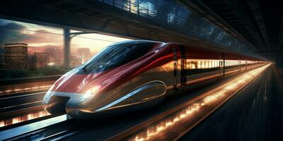 schnelle Geschwindigkeit Schiene Zug reisen, schnell modern Transport, futuristisch Technologie Konzept, ai generativ foto