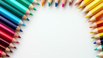 farbig Bleistifte vereinbart worden mit Kopieren Raum zum Text, Wort, zurück zu Schule und lehrreich Konzept, ai generativ foto
