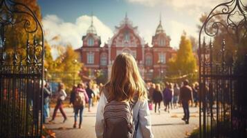 Kind mit Rucksack gehen zu Schule. zurück zu Schule Konzept, ai generativ foto