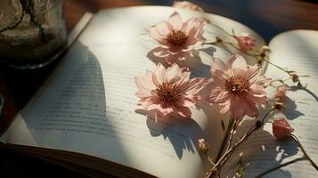 schön Blume auf öffnen Buch, heiter Poesie Konzept, eben legen, ai generiert foto