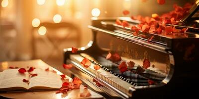 schließen oben von ein elegant großartig Klavier mit warm Sonnenlicht, Luxus, romantisch Landschaft, Musik- Instrument, ai generativ foto