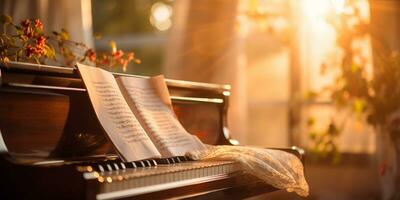 schließen oben von ein elegant großartig Klavier mit warm Sonnenlicht, Luxus, romantisch Landschaft, Musik- Instrument, ai generativ foto