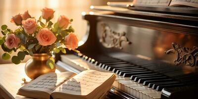 schließen oben von ein elegant großartig Klavier mit warm Sonnenlicht, Luxus, romantisch Landschaft, Musik- Instrument, ai generativ foto