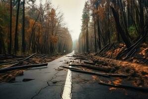 Aussicht von ein Asphalt Straße im das Mitte von ein Wald mit Bäume zusammenbrechen fällig zu ein natürlich Katastrophe. generativ ai foto