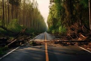 Aussicht von ein Asphalt Straße im das Mitte von ein Wald mit Bäume zusammenbrechen fällig zu ein natürlich Katastrophe. generativ ai foto