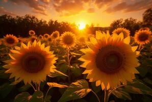 das Aussicht von das Sonnenblume Garten mit das Schönheit von das Sonnenaufgang im das Morgen. generativ ai foto