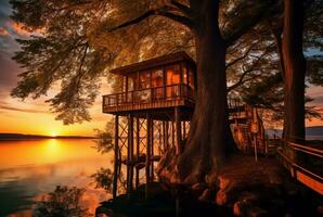 Aussicht von Baum Haus auf See mit Sonnenuntergang Schönheit. generativ ai foto