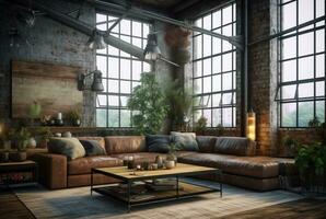 Innere Design von Leben Zimmer im industriell Stil mit groß Fenster dekoriert mit Beton. generativ ai foto