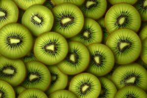 oben Aussicht von ordentlich vereinbart worden Kiwi Obst zum Hintergrund. generativ ai foto