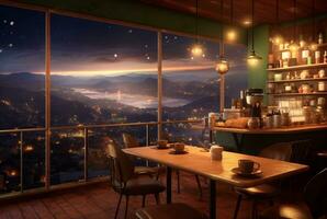 ein Kaffee Geschäft auf ein Hügel mit Ansichten von städtisch Beleuchtung beim Nacht. generativ ai foto