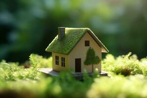 Öko freundlich Haus im Moos im das Garten. Miniatur hölzern Haus im Frühling Gras. Haus im sonnig Gras. generativ ai foto